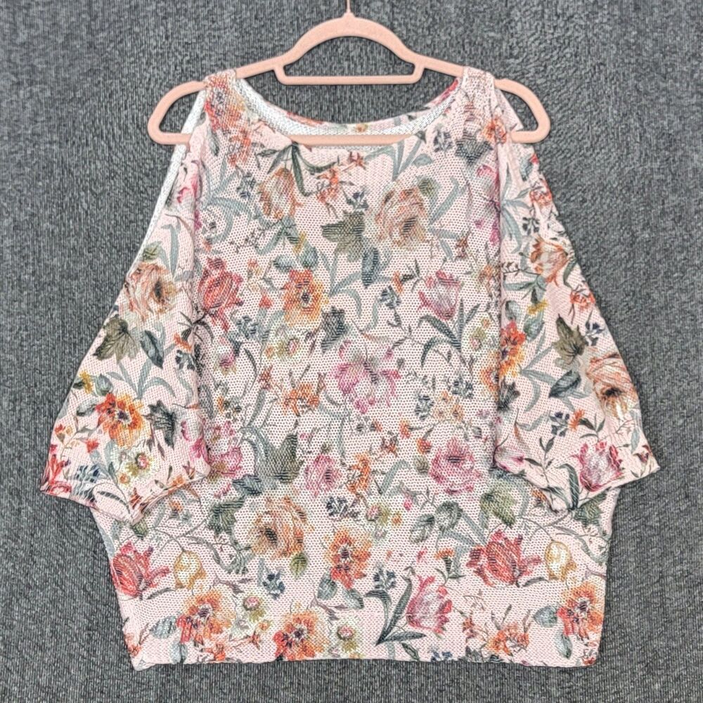 Luisa Ricci Knit Top Women S Pink Floral Cold Shoulder Dolman Batwing 3/4 Sleeve